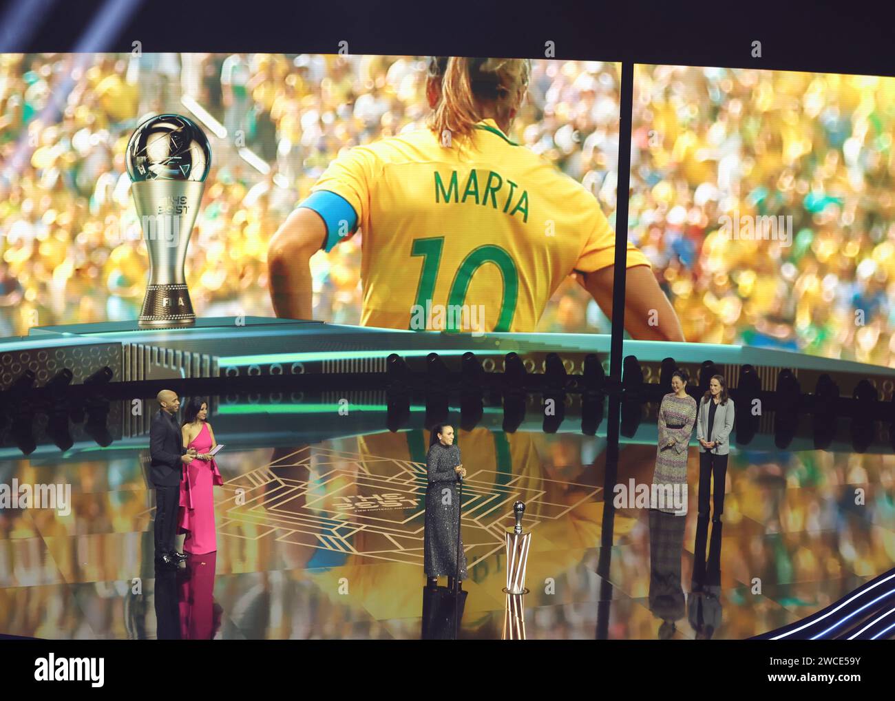 London, UK. 15th Jan, 2024. Brazilian player Marta is awarded a FIFA