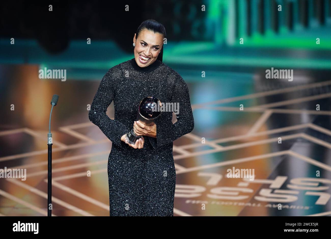 Former Brazilian player Marta speaks on stage after receiving a special