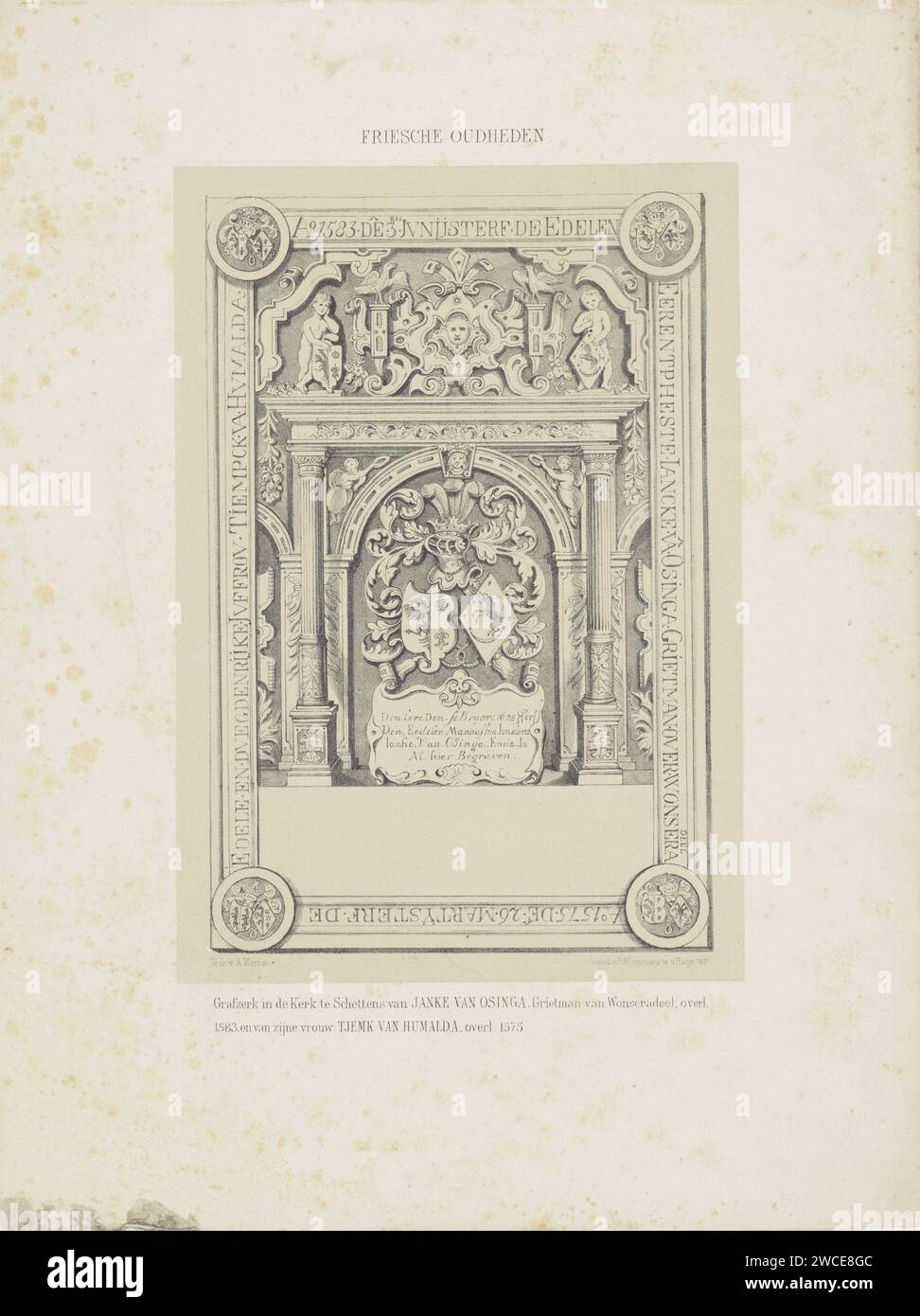 Grafzerk in the church of Schettens of Janke Osinga and his wife Tjemk van Humalda, Anonymous, After Albert Martin, 1875 print The grave is decorated with an architectural construction consisting of columns and a cornice. In it family weapons, plant motifs and putti. The Hague paper  flat, horizontal gravestone Schettens Stock Photo