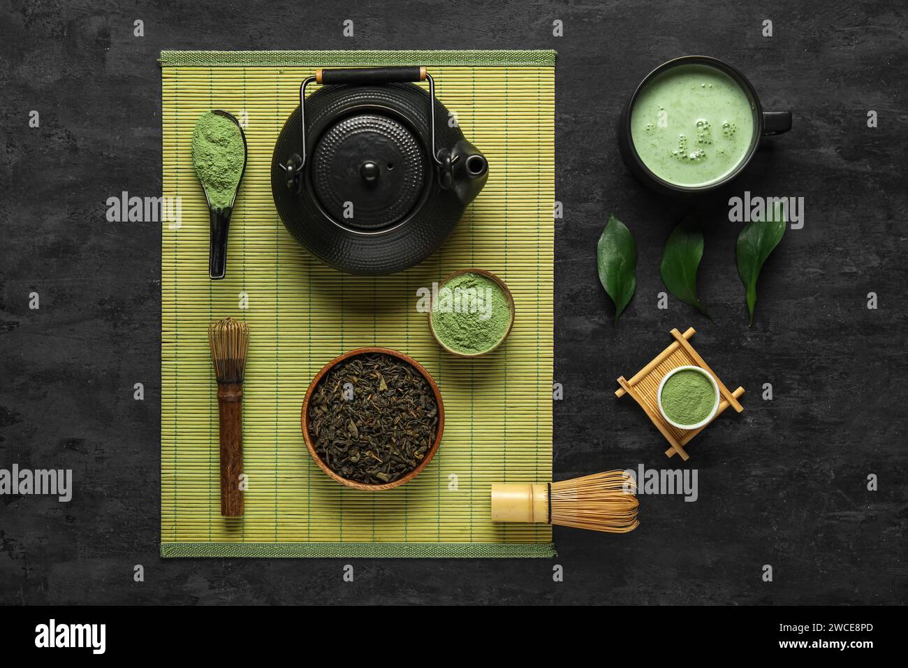 Composition with matcha tea and accessories on dark background Stock Photo