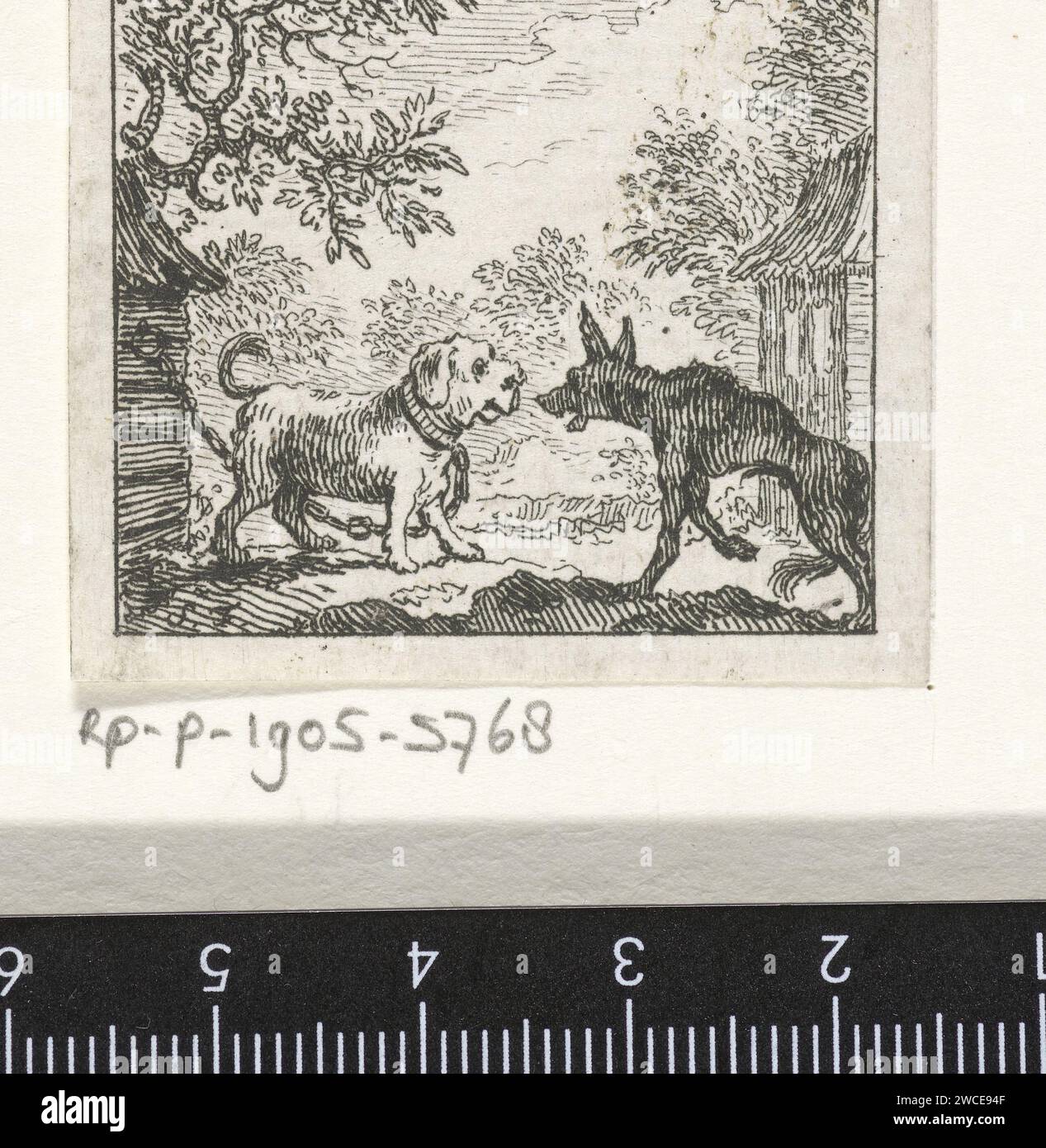 Fable of the Dog and De Wolf, Simon Fokke, 1769 print A leashed dog is