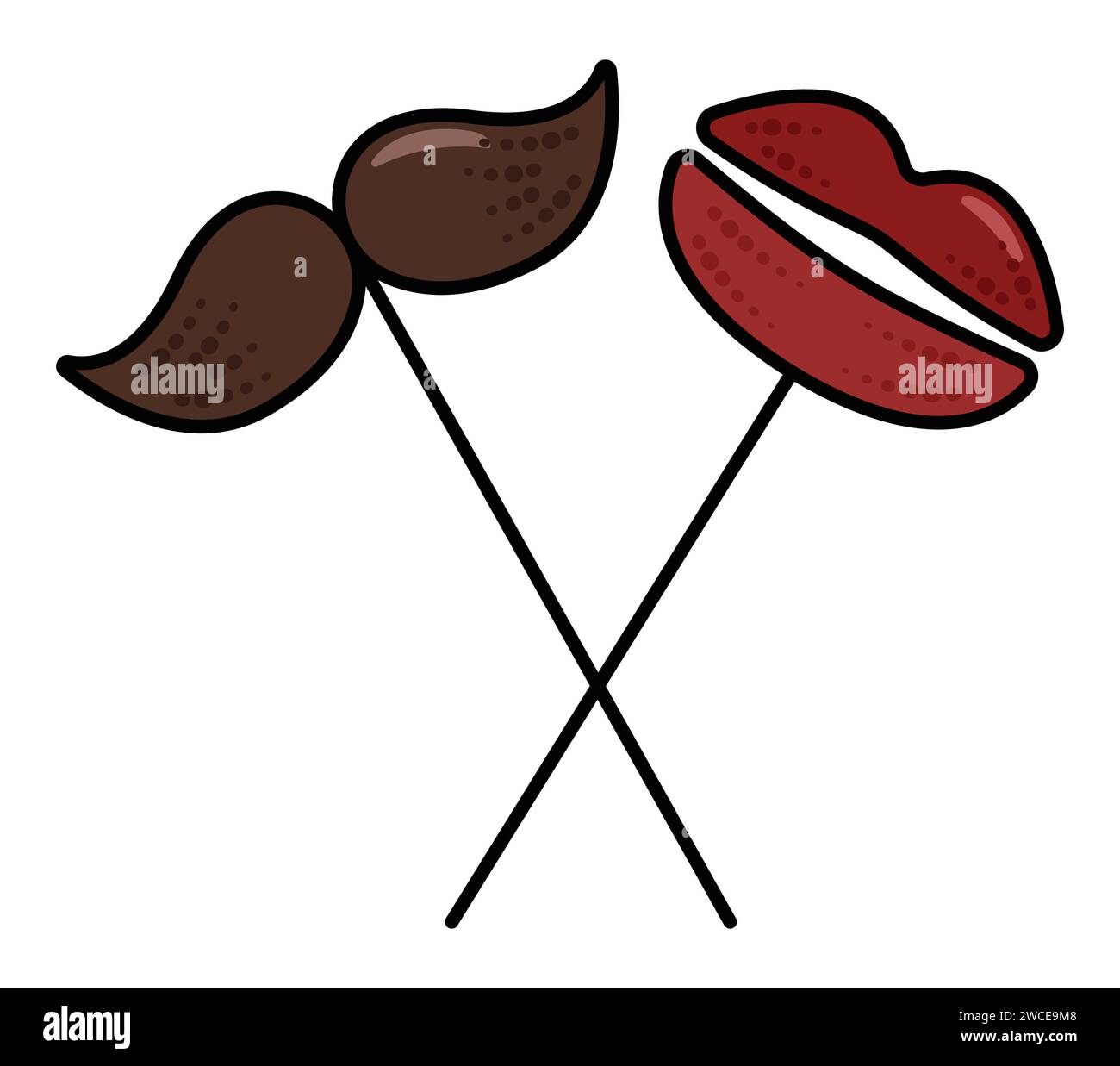 Two masquerade masks on sticks, lips and mustache, color vector attribute of male and female carnival costume Stock Vector