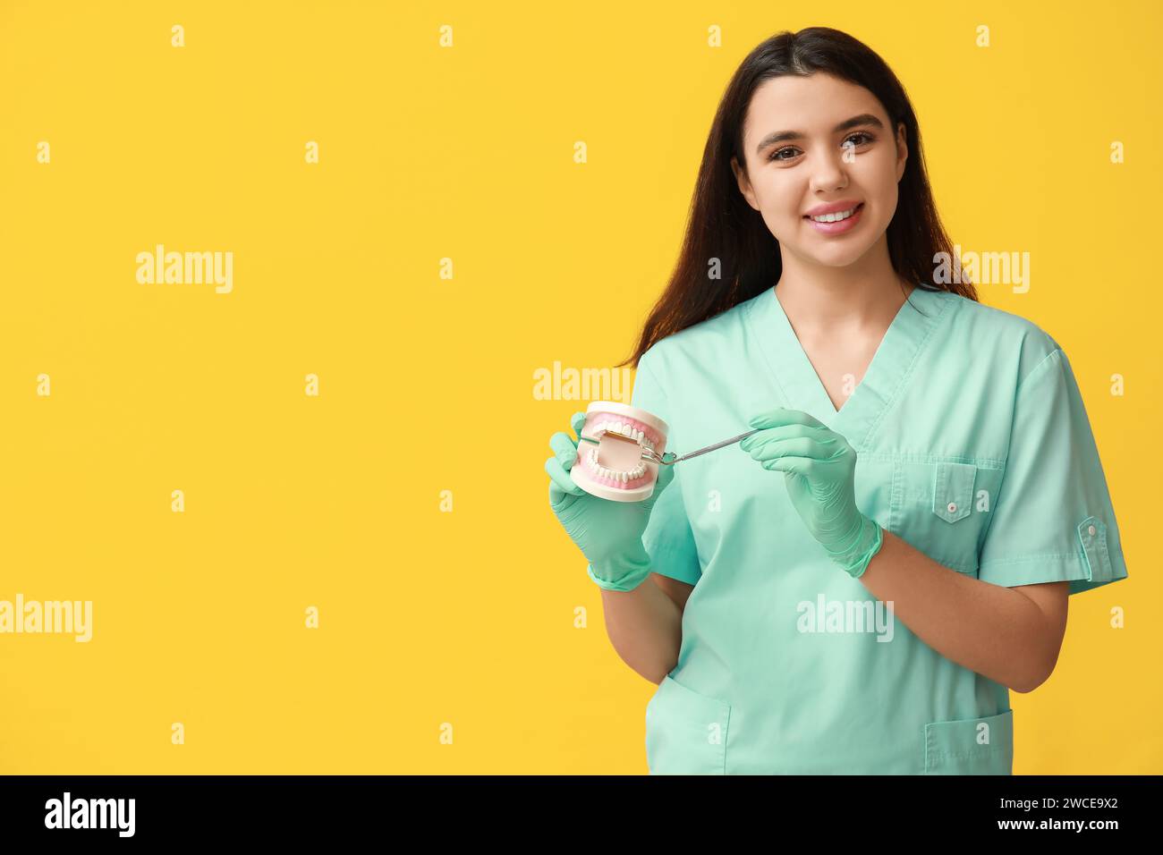 Female Dentist With Jaw Model And Tool On Yellow Background World female-dentist-with-jaw-model-and-tool-on-yellow-background-world