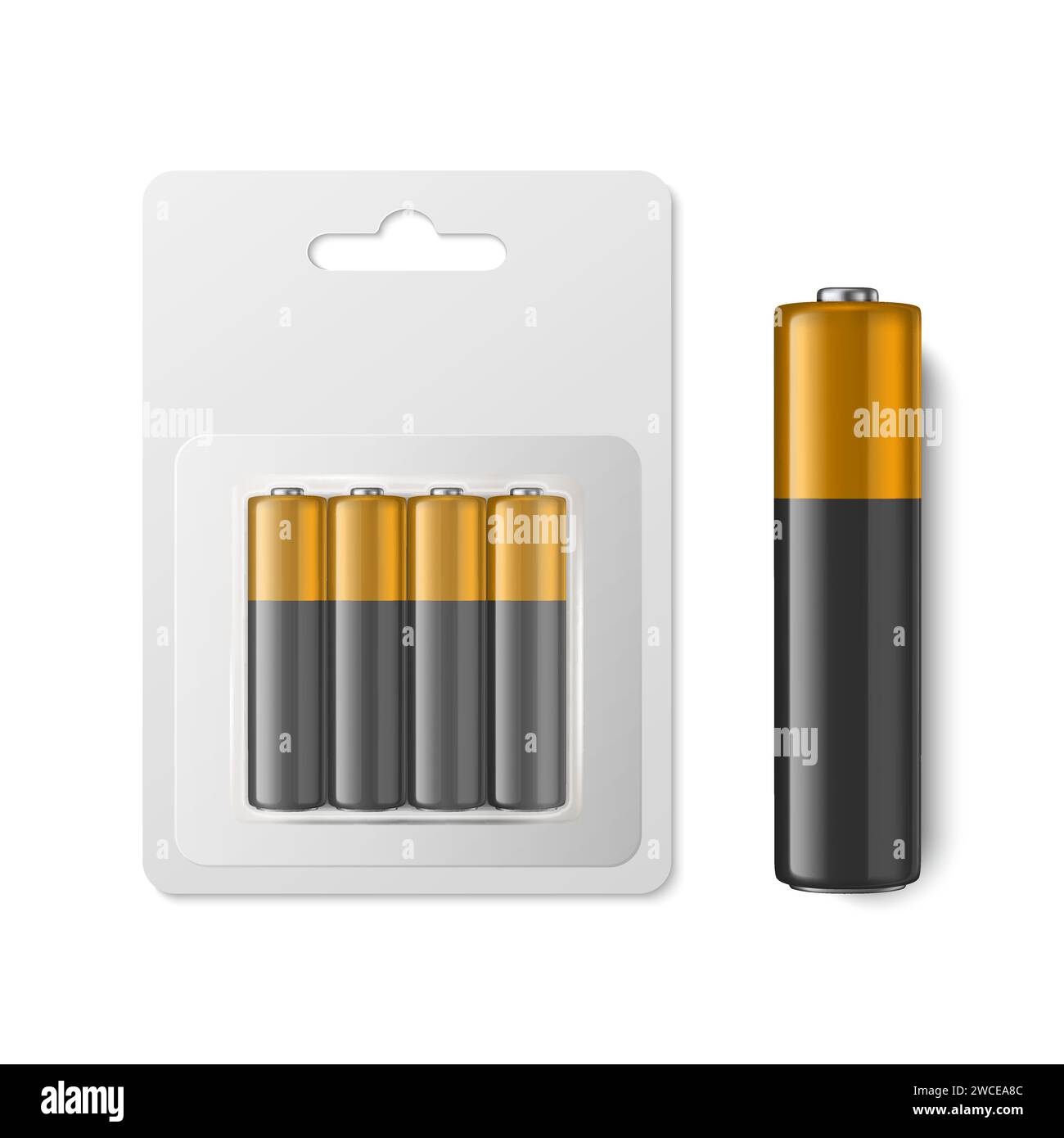 Vector 3d Realistic Four Alkaline Battery in the Paper Blister Closeup Isolated. AA Size. Design Template for Branding, Mockup Stock Vector