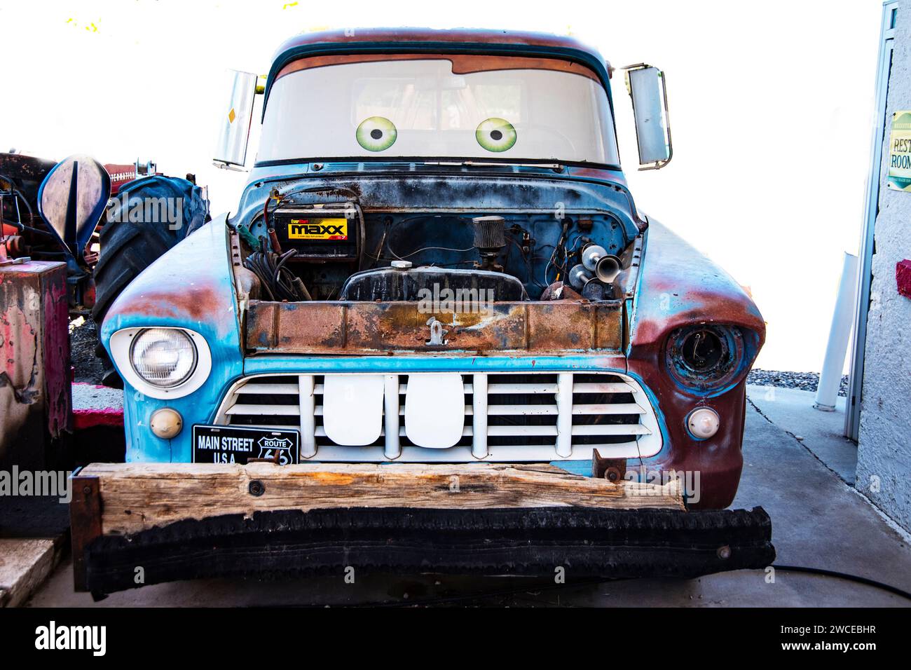 Face painted on an old pick-up truck at a gas station in Filer, Idaho, USA Stock Photo