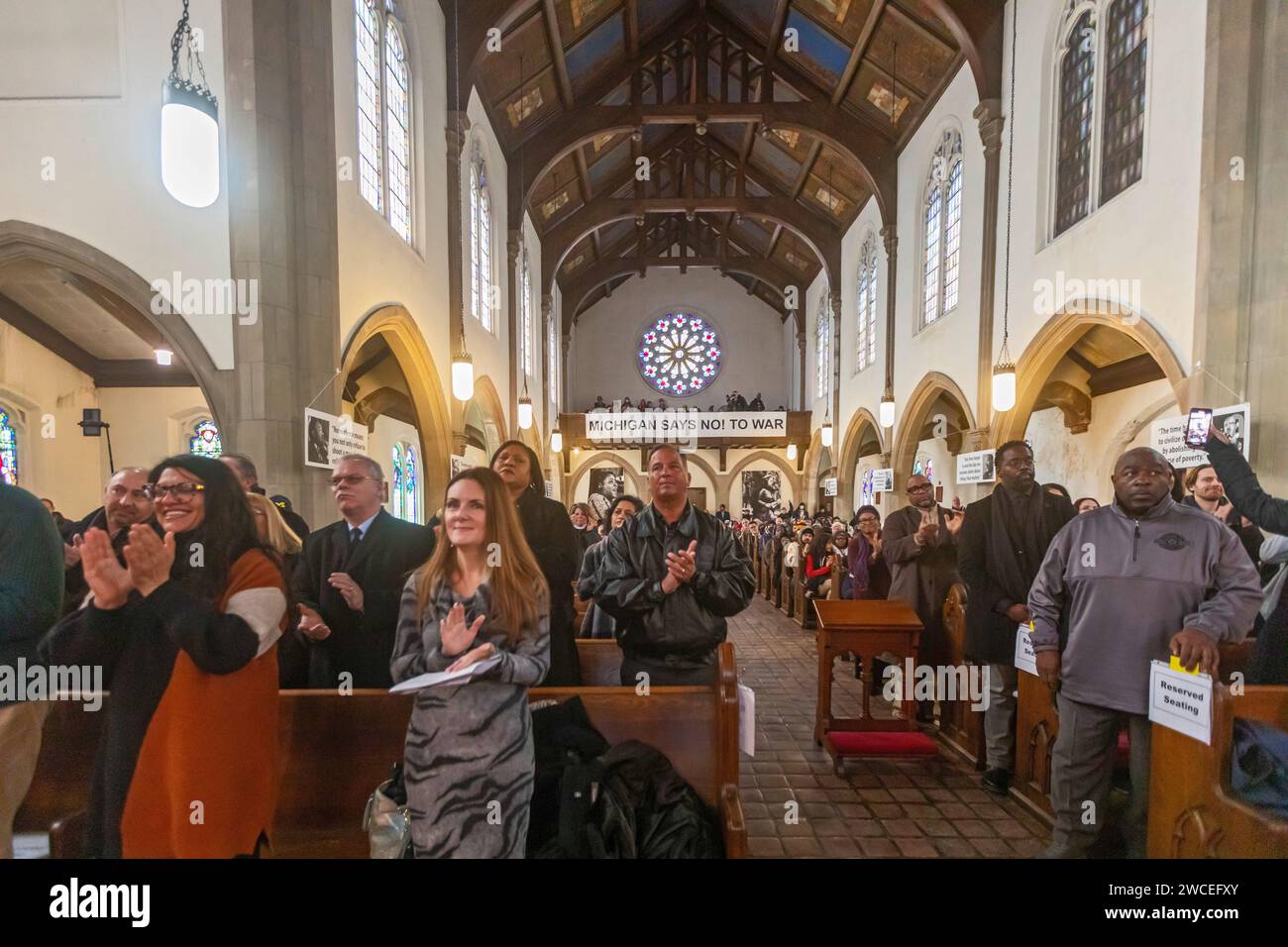 Detroit, Michigan, USA. 15th Jan, 2024. A Martin Luther King Day rally 'for jobs, peace and justice' at St. Matthew's & St. Joseph's Episcopal Church. Credit: Jim West/Alamy Live News Stock Photo