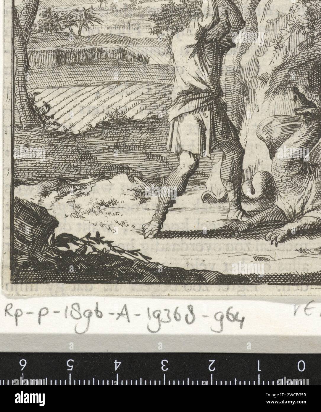 Man fights a dragon that has emerged from his cave, Jan Luyken, 1693 print  Amsterdam paper etching / letterpress printing dragon. man killing animal Stock Photo