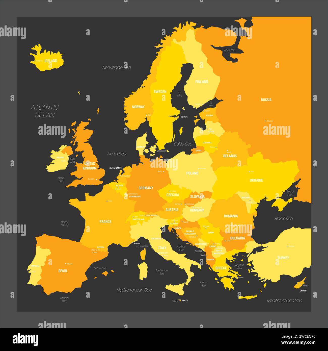 Political map of Europe. Blue colored vector map with capital cities of