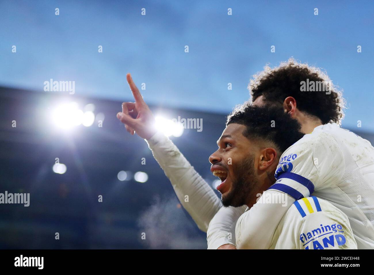 Georginio Rutter of Leeds Utd celebrates with his teammate Ethan Ampadu