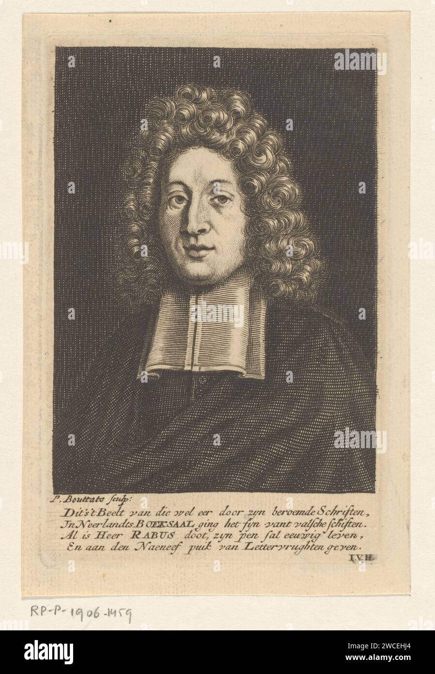 Portrait of Pieter Rabus, Philibert Bouttats, After 1702 - 1731 print Portrait of the Dutch writer and poet Pieter Rabus. Bust to the left. Rabus is wearing a gown. With Dutch caption: '' This is the image of that honor because of his famous notebooks in Neerlandt's Boeksaal, it went well with 't Valsche Schifts. Although Lord Rabus Doot, his Pen Sal is eternal life and giving the Naeneew  paper engraving historical persons. portrait of a writer Stock Photo