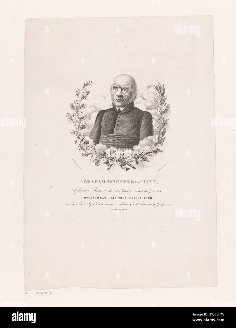 Portrait of Abraham Josephus van Lith, Jan Hendrik Matthijssen, 1832 print The portrayed person is depicted between the clouds and flanked by a wreath of oak leaves and bay leaves, held together by a cross and an anchor. A four -line caption under the portrait. Dordrecht paper  historical persons (+ (full) bust portrait). trees: oak (+ leaf). garland, wreath Stock Photo