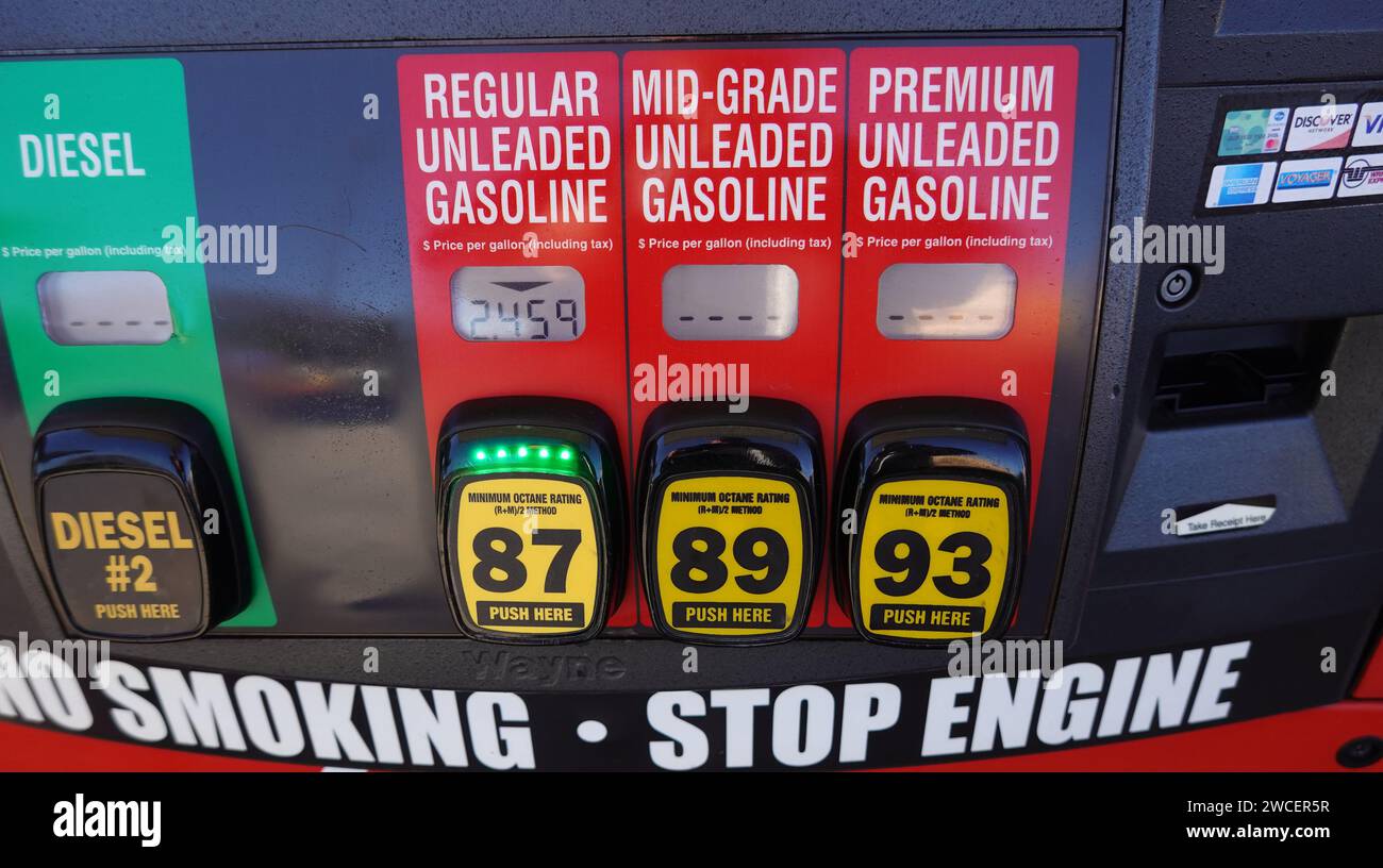 Close up photo of a gas pump showing different grades of gasoline - November 2023 Stock Photo