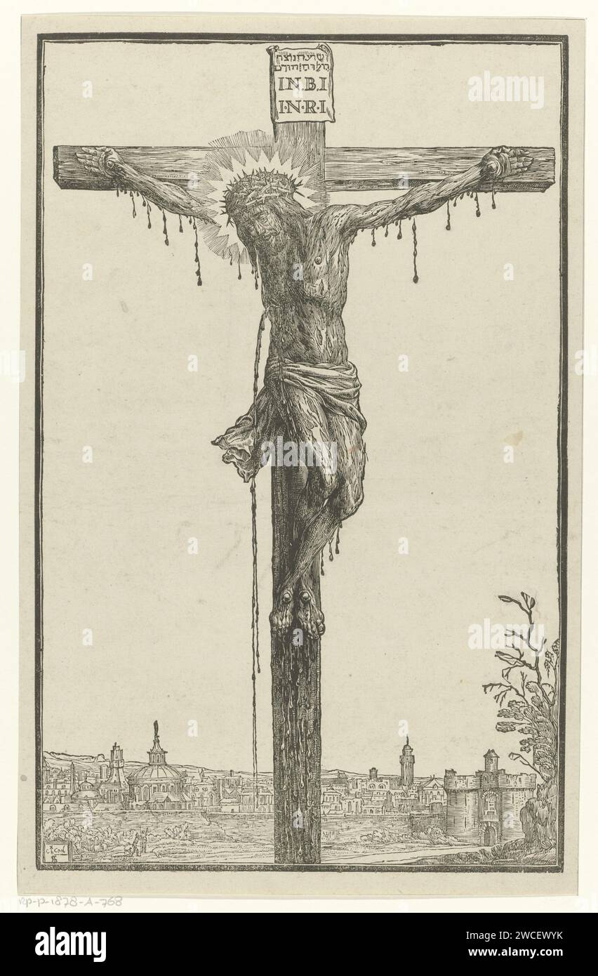 Christ on the cross Christ nailed to the cross, the blood flows in  different places from his body. In the background the city Jeruzalem.  Manufacturer : printmaker: Ch. Cool (listed building), designed, image size:852x1390