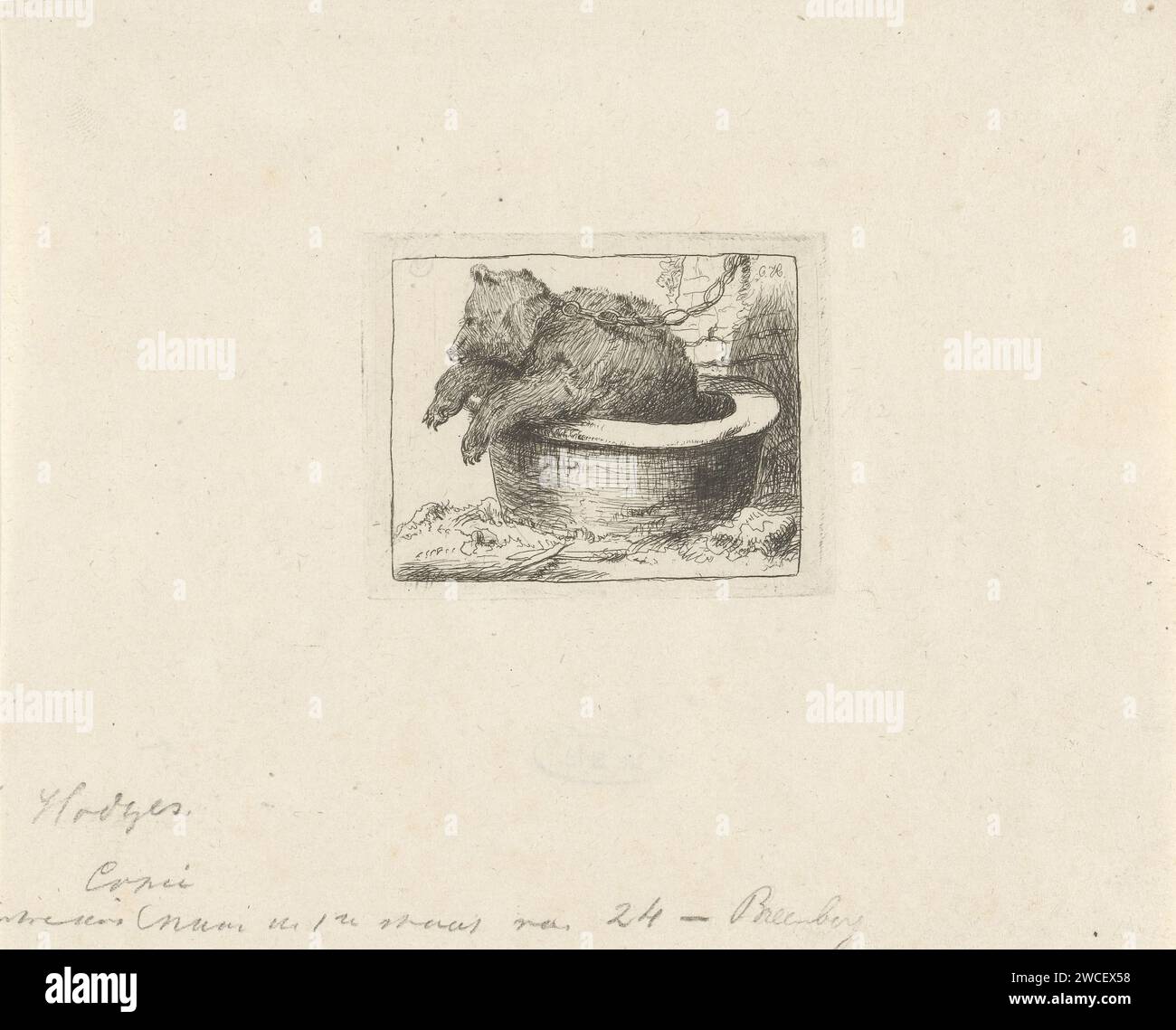 Beer in a container, Charles Howard Hodges, After Bartholomeus Breenbergh, 1774 - 1837 print Bear on a chain in a container. Copy in mirror image to the print entitled Backbear from Bartholomeus Breenbergh. Northern Netherlands paper etching beasts of prey, predatory animals: bear Stock Photo