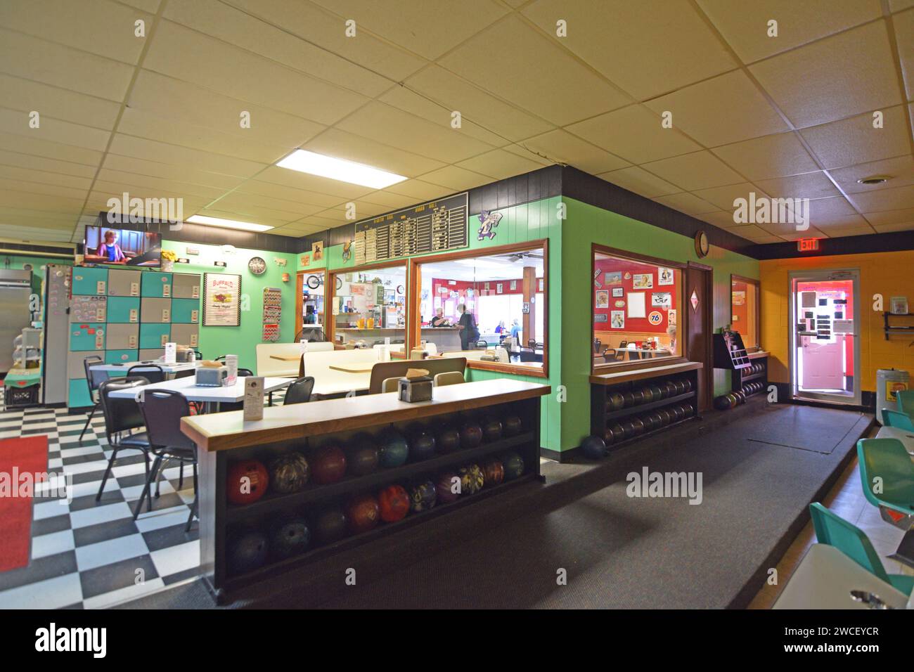 Interior of small town bowling alley and diner at Dighton Bowl in