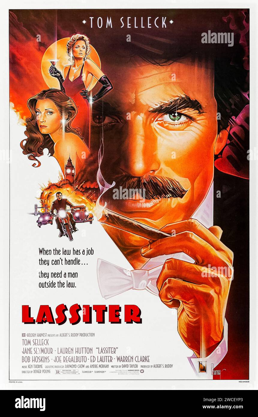 Lassiter (1984) directed by Roger Young and starring Tom Selleck, Jane Seymour and Lauren Hutton. A handsome jewel thief is arrested and in order to avoid prison, must break into the heavily guarded German Embassy to steal millions in gems. Photograph of an original 1984 US one sheet poster featuring the artwork of Chorney Steve. ***EDITORIAL USE ONLY*** Credit: BFA / Focus Features Stock Photo