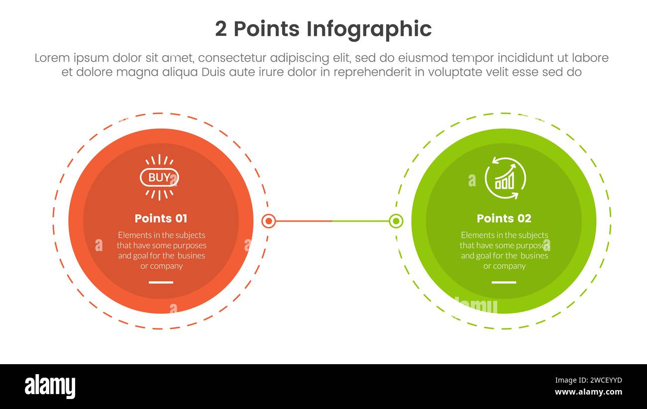 versus or compare and comparison concept for infographic template banner with big circle opposite outline dotted with two point list information vecto Stock Photo