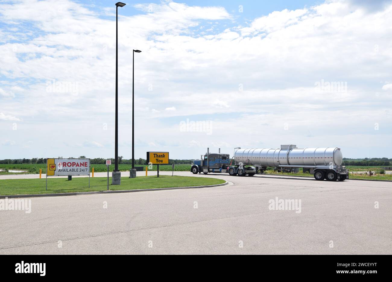 Tanker truck leaving a Love's Truck Stop parking lot in Belleville, KS