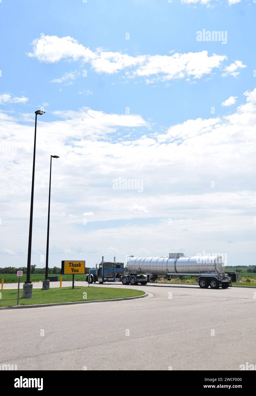 Tanker truck leaving a Love's Truck Stop parking lot in Belleville, KS