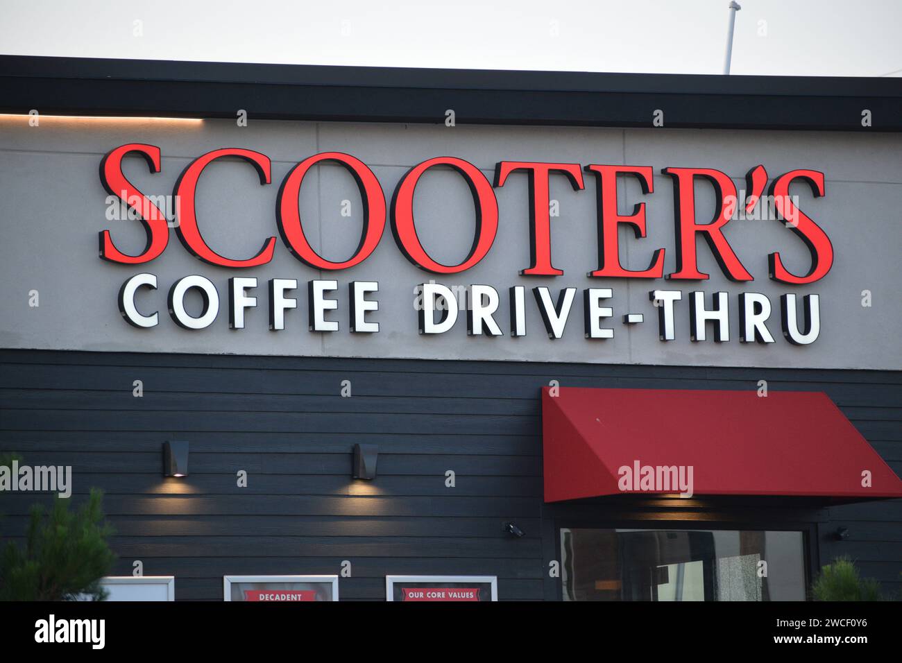 Close up of a Scooter's Coffee shop sign in Vernon Texas June 2023