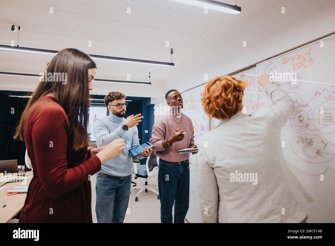 Successful business team brainstorming and collaborating in a creative ...