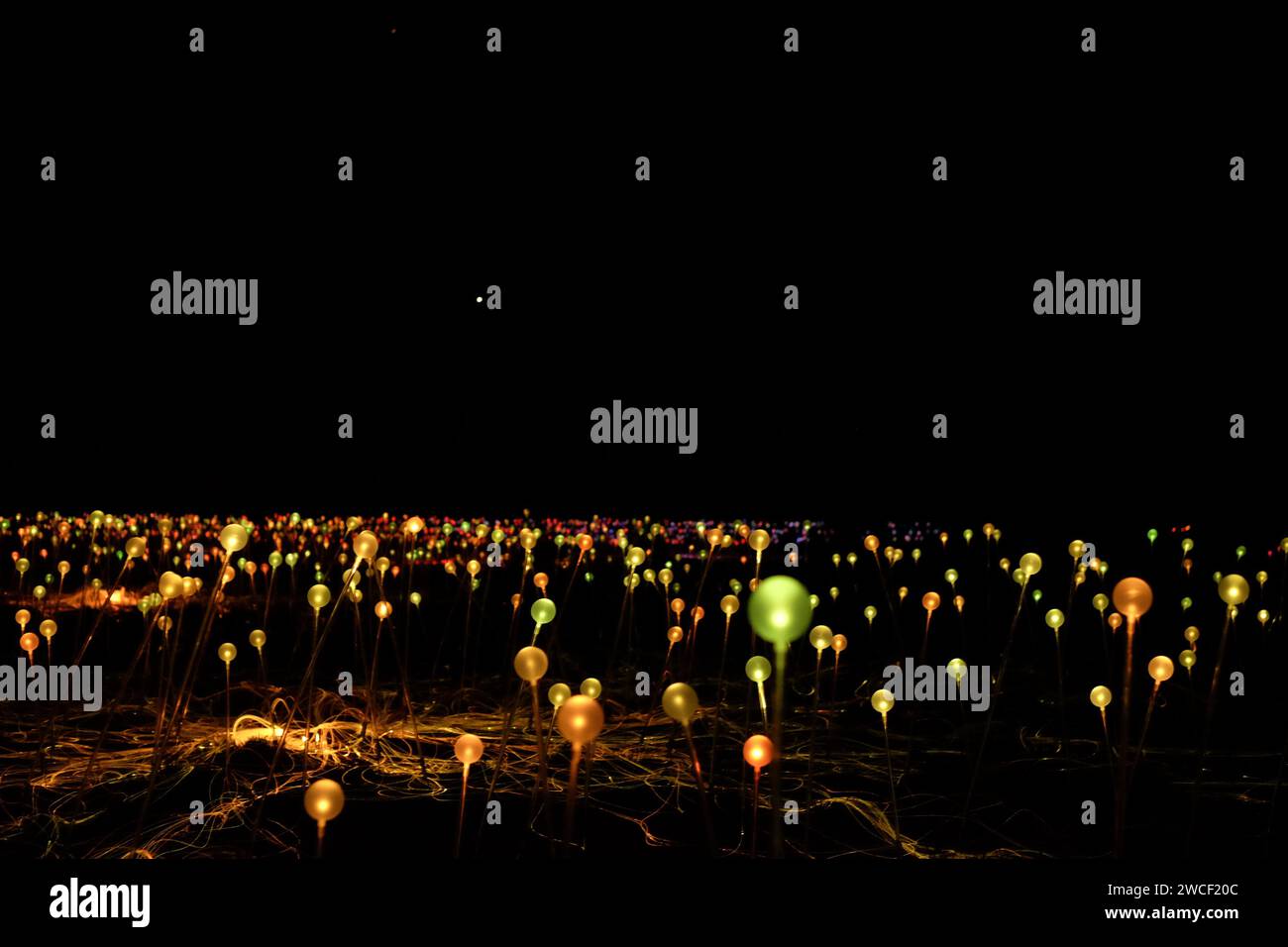 Green & amber frosted-glass spheres, the multi coloured lights of Field of Light, an art installation by artist Bruce Munro Uluru in Central Australia Stock Photo