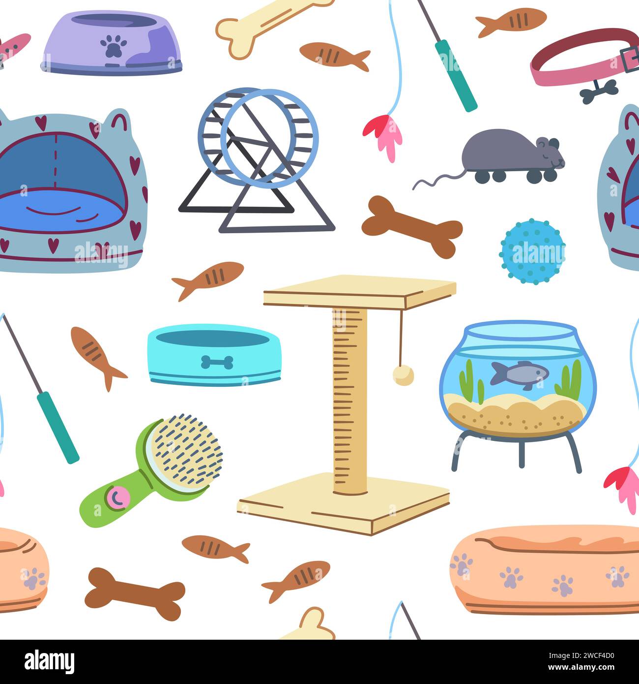 Seamless pattern with pet supplies. Elements of veterinary and pet shop elements, food, toys, cages, beds. Vector illustration Stock Vector
