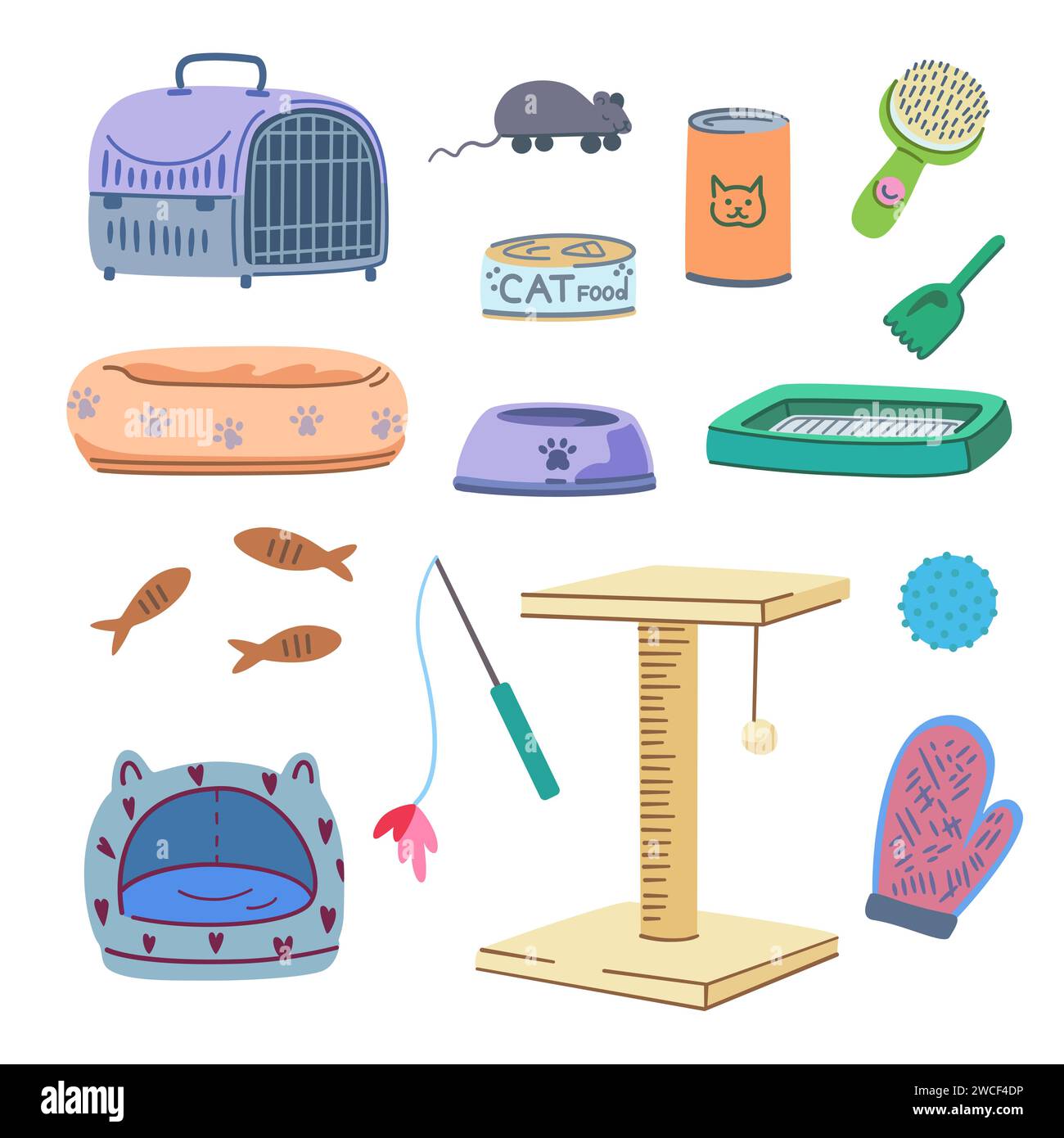 Set of pet supplies. Elements of cat grooming elements, food, toys, cages, beds. Vector illustration. Stock Vector