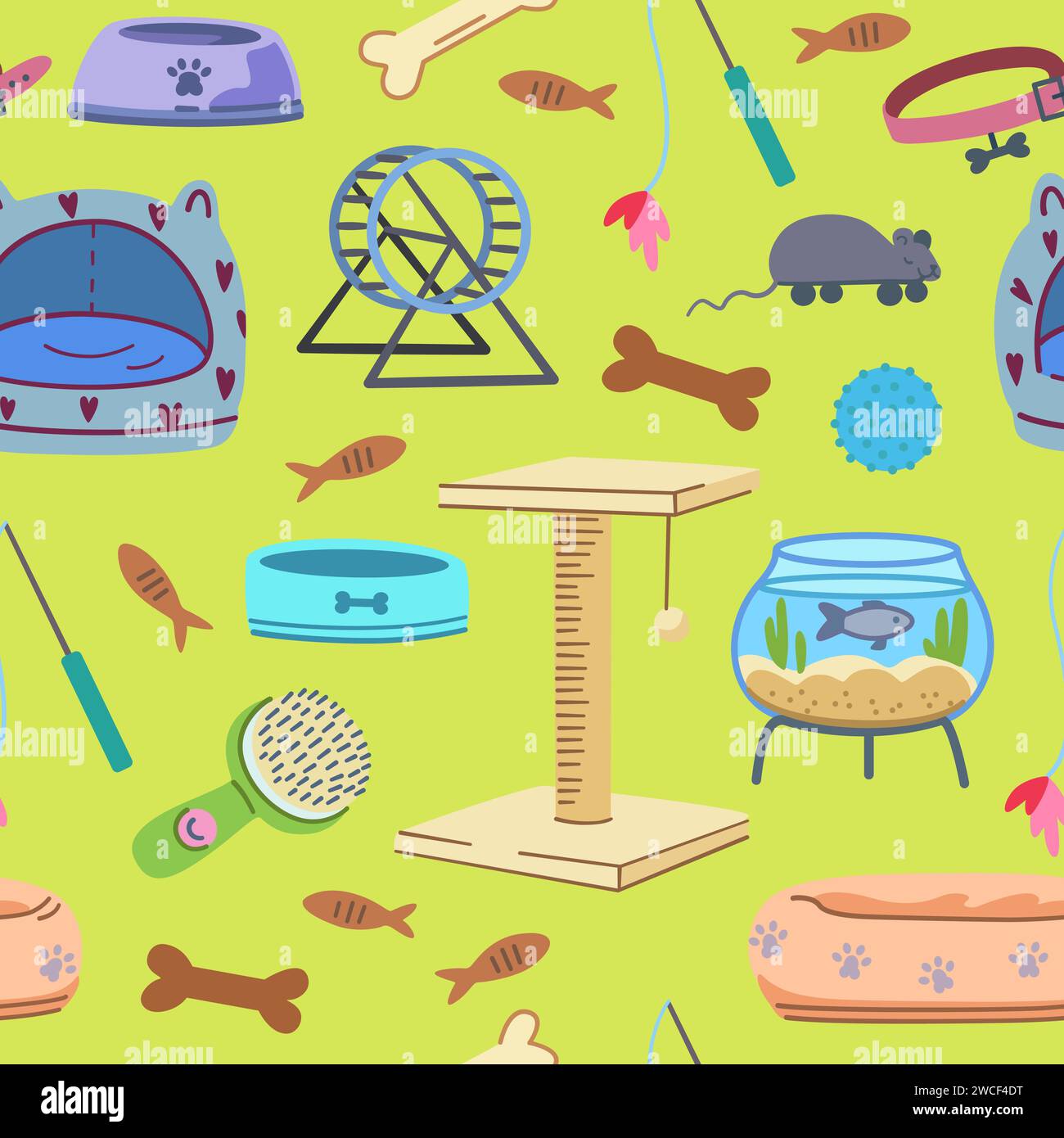 Seamless pattern with pet supplies. Elements of veterinary and pet shop elements, food, toys, cages, beds. Vector illustration Stock Vector