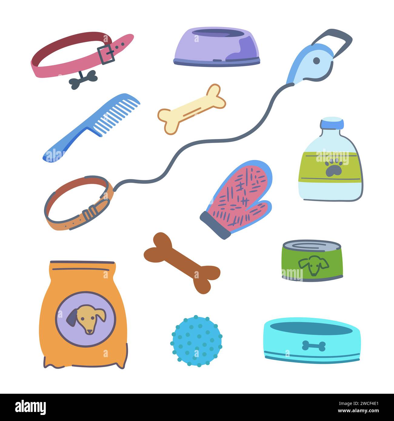 Set of pet supplies. Elements of dog grooming elements, food, toys, cages, beds. Vector illustration. Stock Vector