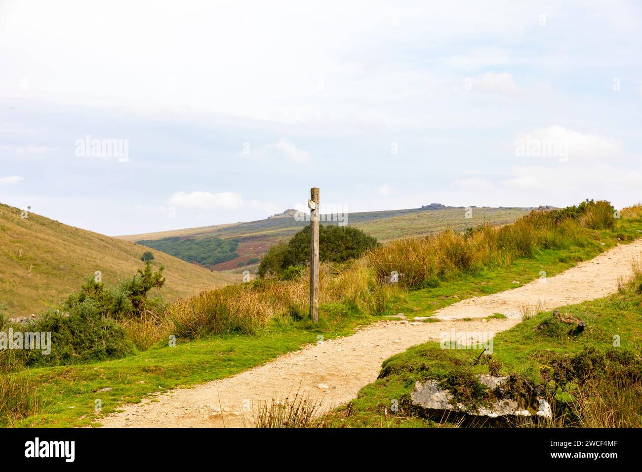 West Dart valley in Dartmoor national park, with walking trail to