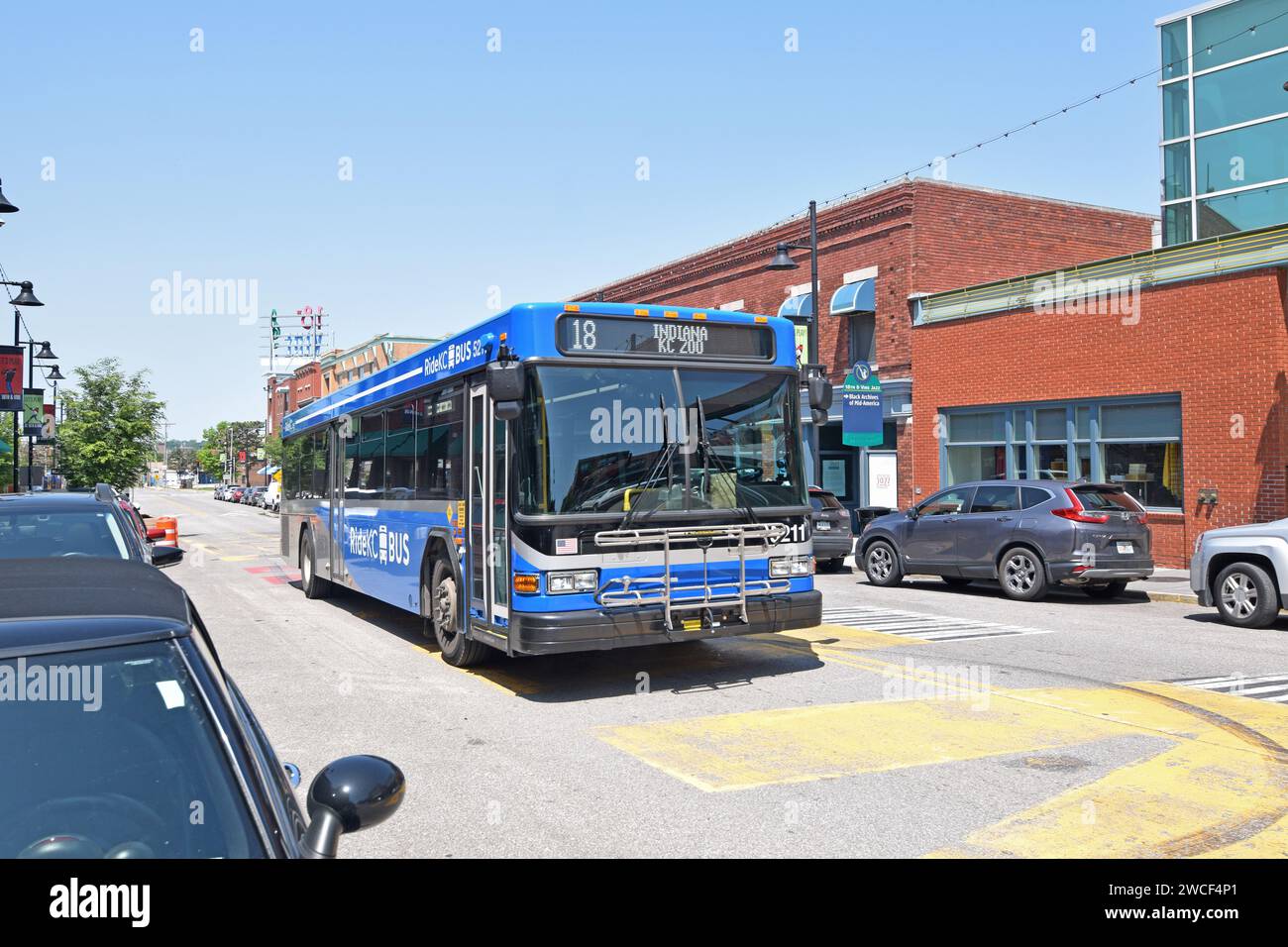 RideKC bus driving past the American Jazz Museum and the Negro Leagues Baseball Musuem in Kansas