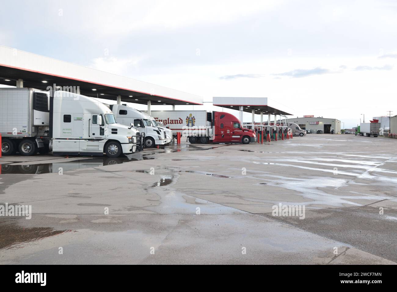 Semitrucks filling up with diesel fuel at a Sapp Brothers truck stop