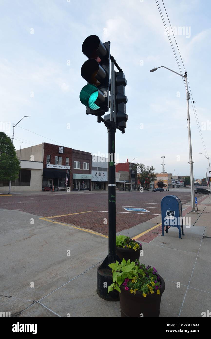 Vintage traffic light (green light) in downtown McCook Nebraska May
