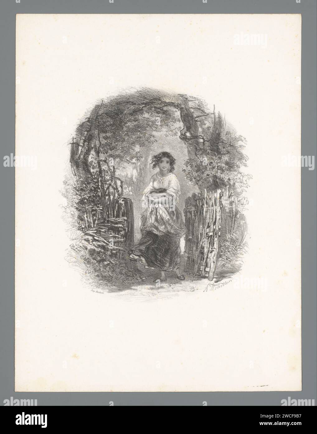 Young woman with apron runs through wooden folding gate, Adolphe Mouilleron, 1830 - 1880 print  Paris paper  adolescent, young woman, maiden. kissing gate, clap gate Stock Photo