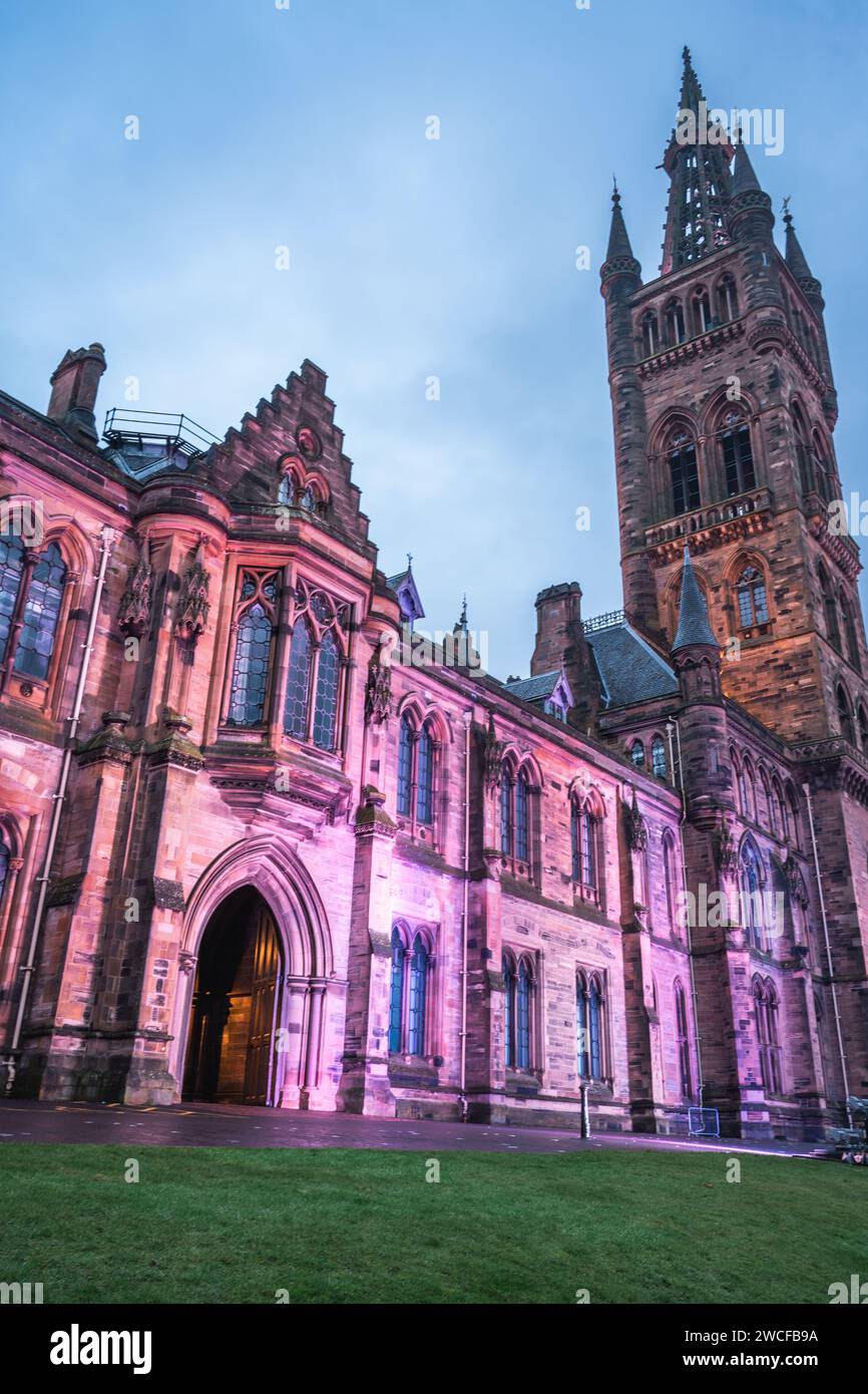 University of Glasgow By night. January 2 2024. Glasgow Scotland. Stock Photo