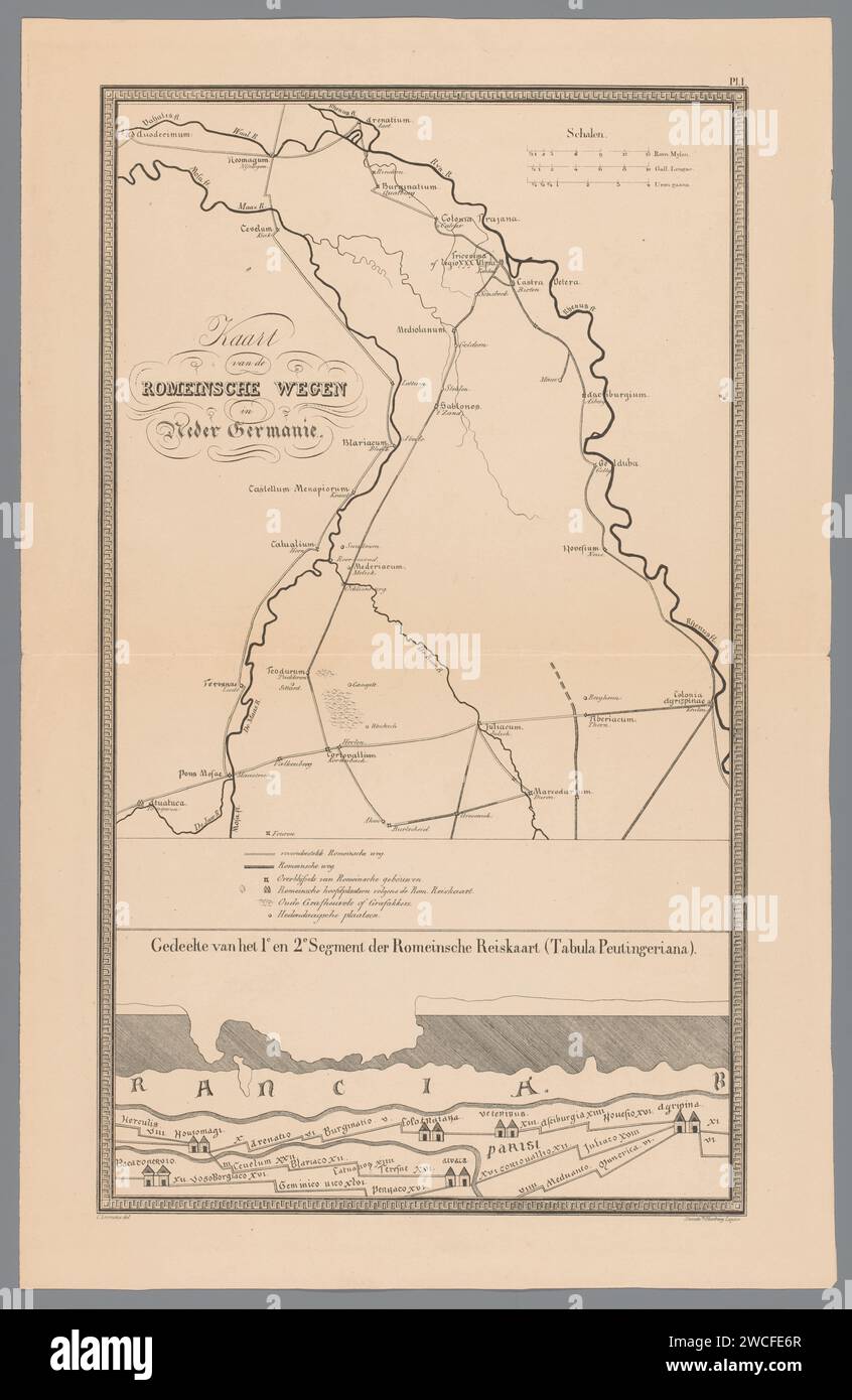 Map of the Roman roads in Lower Germanie, Tiemen Hooberg (Possible), T. Hooberg, After Conradus Leemans, 1843 print In addition to rivers and roads, remains of buildings and old burial mounds are also shown on the map. In the middle the legend with an explanation of the symbols. At the bottom of a part of the Tabula Peutingeriana, a Roman map from the third to fourth century. Numbered at the top right: pl. 1. Leiden paper  maps, atlases. river. Rome (one of the four world empires). Roman script; scripts based on the Roman alphabet Stock Photo