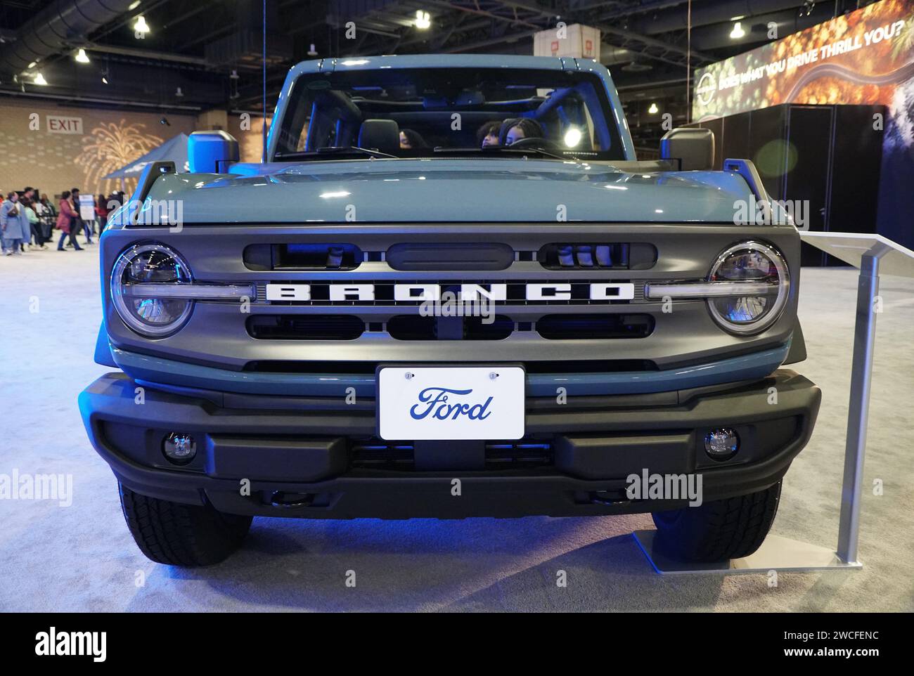 Philadelphia, Pennsylvania, U.S - January 14, 2024 - The front view of the light blue color of 2024 Ford Bronco Stock Photo
