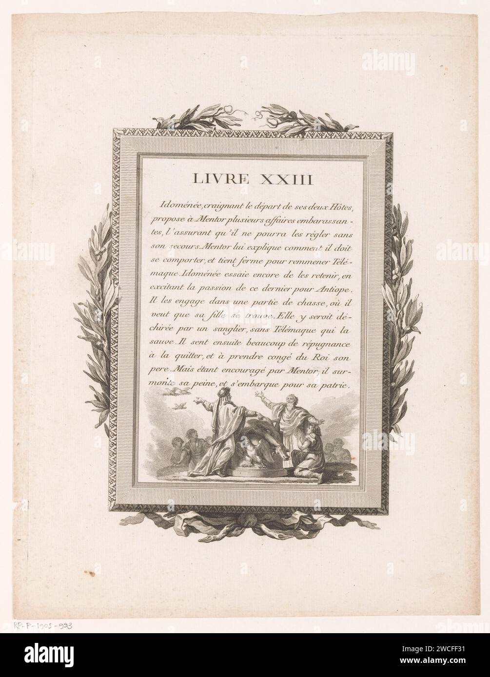 Framed French text with olive branches and a group of sacrificing figures, Jean-Baptiste Tilliard, 1785 print Four -time French text, entitled 'Livre XXIII' with an image of a group of figures around an altar for Jupiter, with a dead cow on it. The whole is framed by a decorative frame with olive branches and a bow at the bottom. print maker: Francepublisher: Parispublisher: Parispublisher: Parispublisher: Parispublisher: Paris paper etching / engraving (FENELON, Telemachus) specific works of literature (with AUTHOR, Title). animal sacrifice  non-Christian religions. ornament  festoon, garla Stock Photo