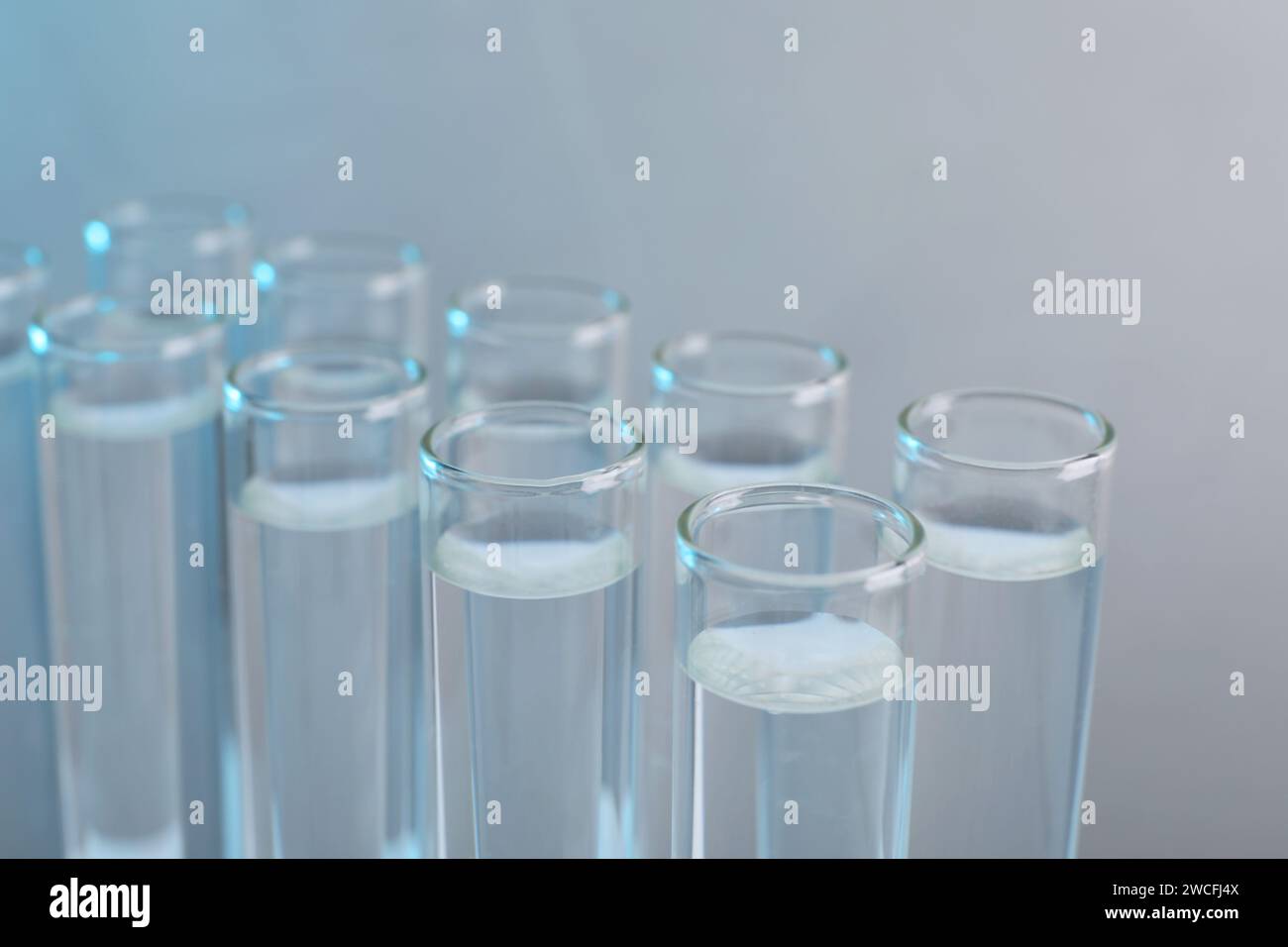 Laboratory analysis. Test tubes with liquid samples on color background ...