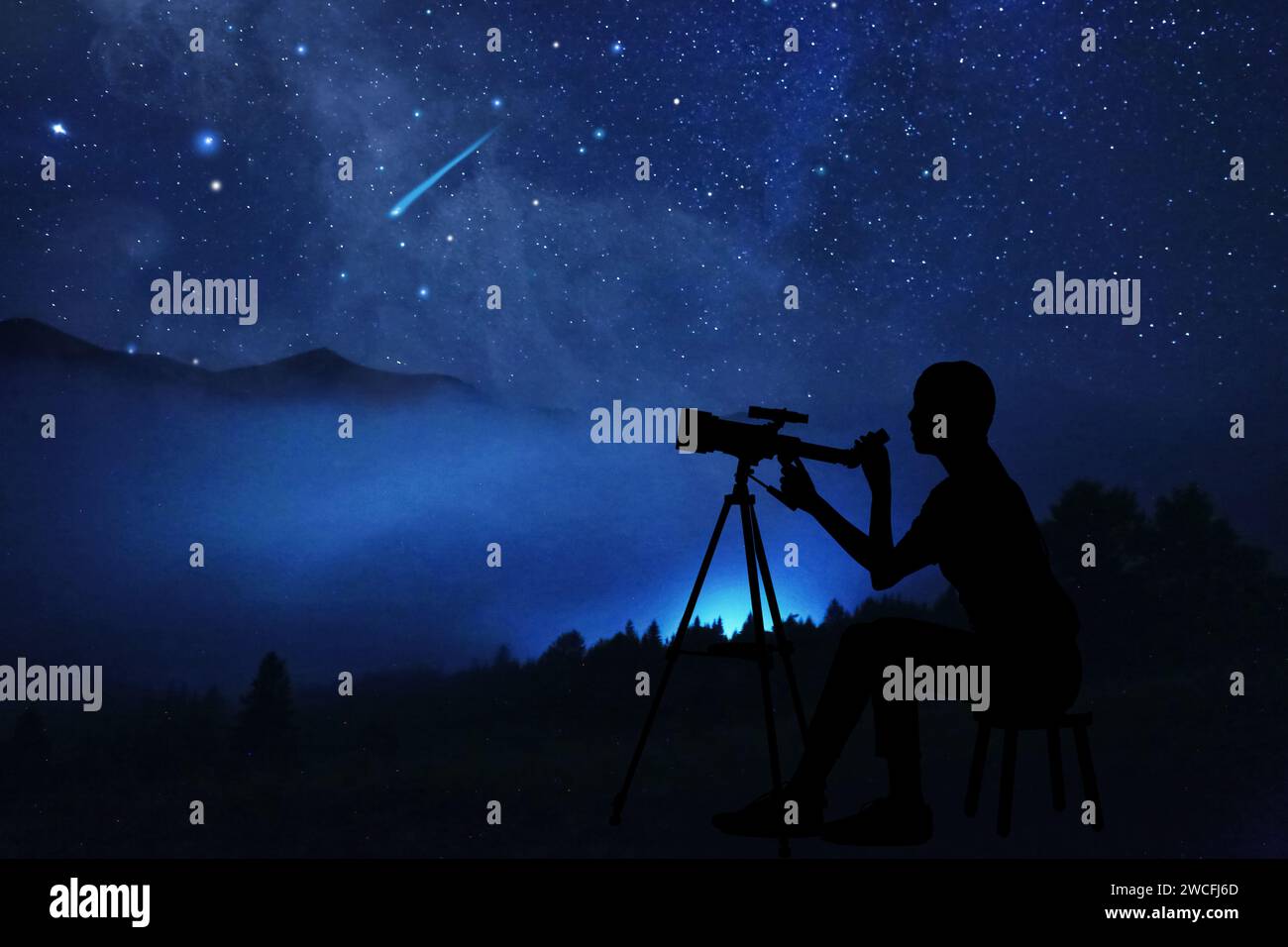 Silhouette of astronomer with telescope at starry night outdoors. Space