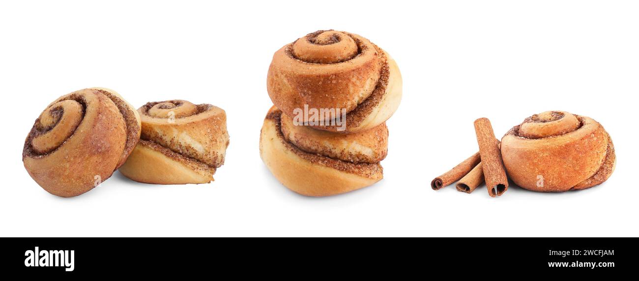 Tasty cinnamon rolls isolated on white, set Stock Photo - Alamy