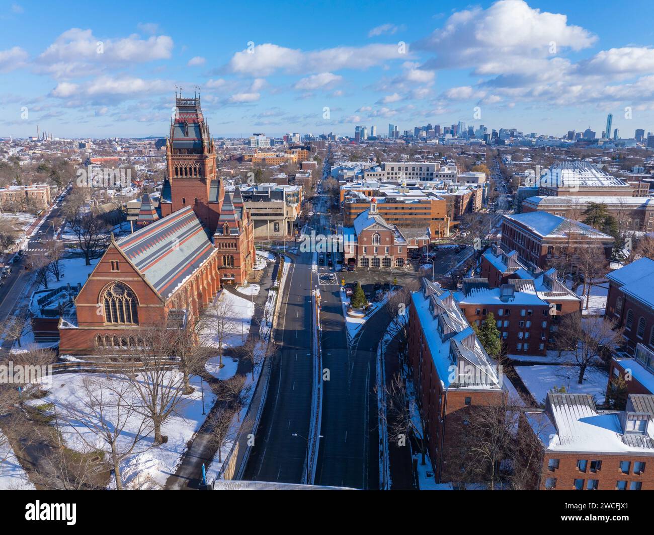 Harvard University Memorial Hall in winter in Old Harvard Yard in