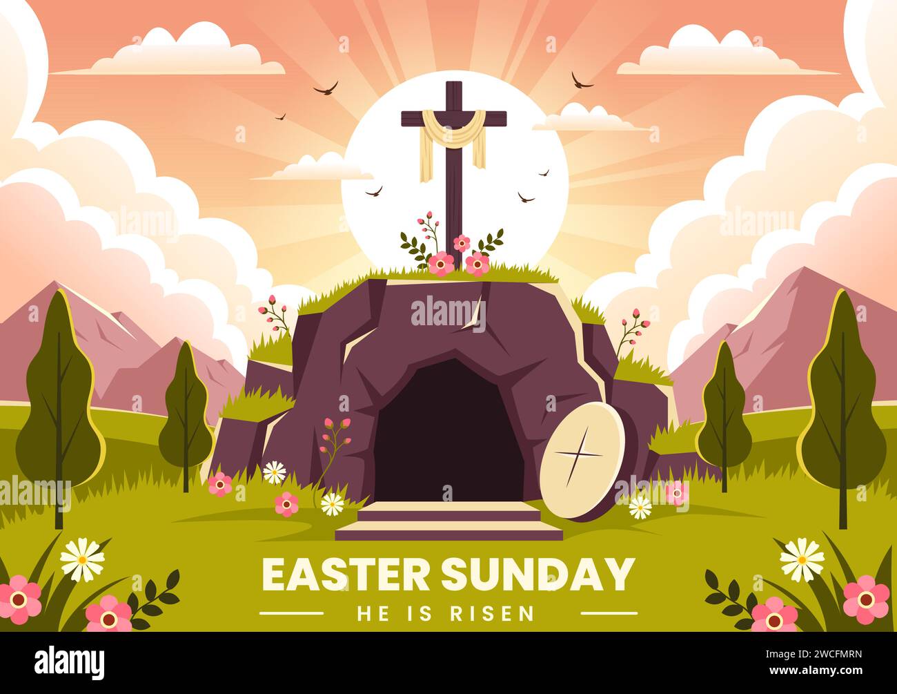 Happy Easter Sunday Vector Illustration of Jesus, He is Risen and Celebration of Resurrection with Cave and the Cross in Flat Cartoon Background Stock Vector