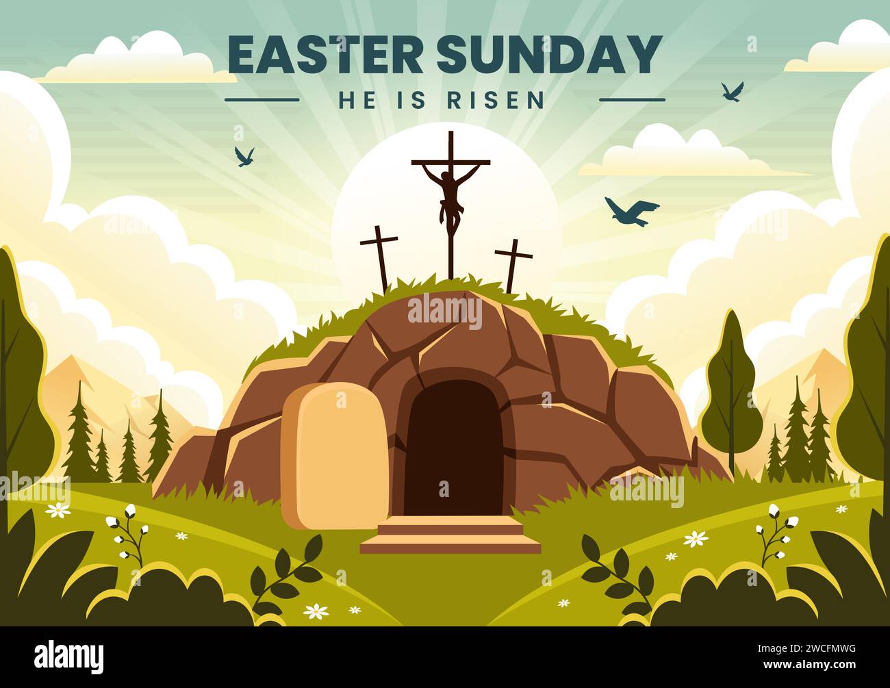 Happy Easter Sunday Vector Illustration of Jesus, He is Risen and Celebration of Resurrection with Cave and the Cross in Flat Cartoon Background Stock Vector