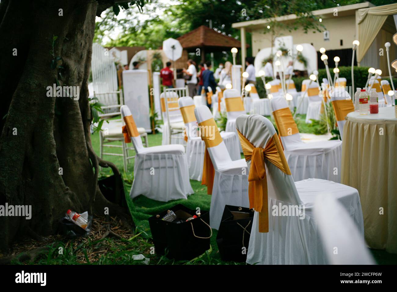 Empty chair in wedding party in the garden Stock Photo