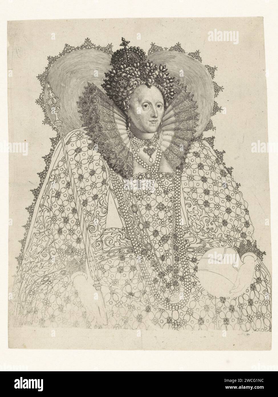 Portrait of Elizabeth I Tudor, Queen of England, Crispijn van de Passe (I), After Isaac Oliver, After 1603 - 1637 print  unknown paper engraving Stock Photo