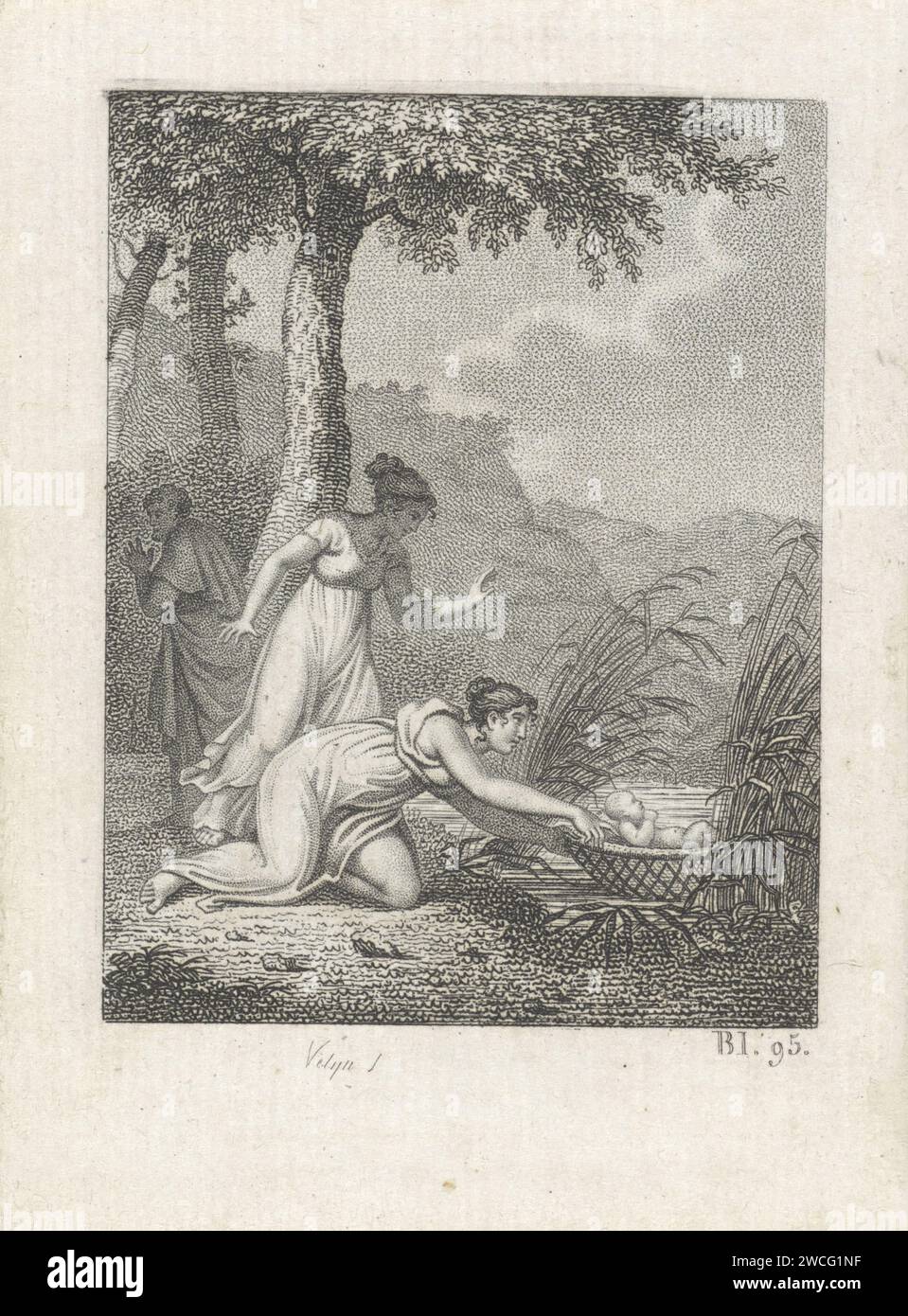 Pharaoh's daughter finds Moses in the Biezen Mandje, Philippus Velijn, 1820 print The daughter of the Pharaoh finds Moses in the Biezen basket between the reeds on the banks of the Nile river (ex. 2: 5). Behind her a second woman and a running man in the background. Bottom right: bl. 9. Netherlands paper etching / engraving the finding of Moses: Pharaoh's daughter comes to bathe with her maidens in the river and discovers the child floating on the water Stock Photo