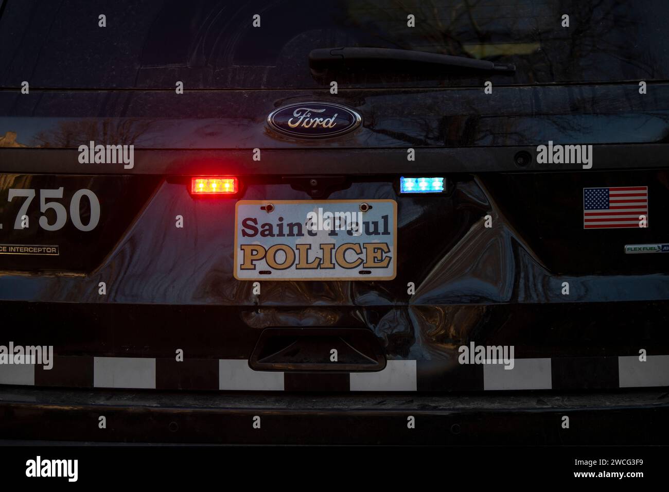 St. Paul, Minnesota.  Police car with lights at night. Stock Photo