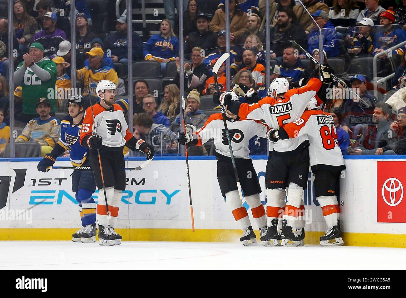 Members of the Philadelphia Flyers celebrate after scoring a goal ...